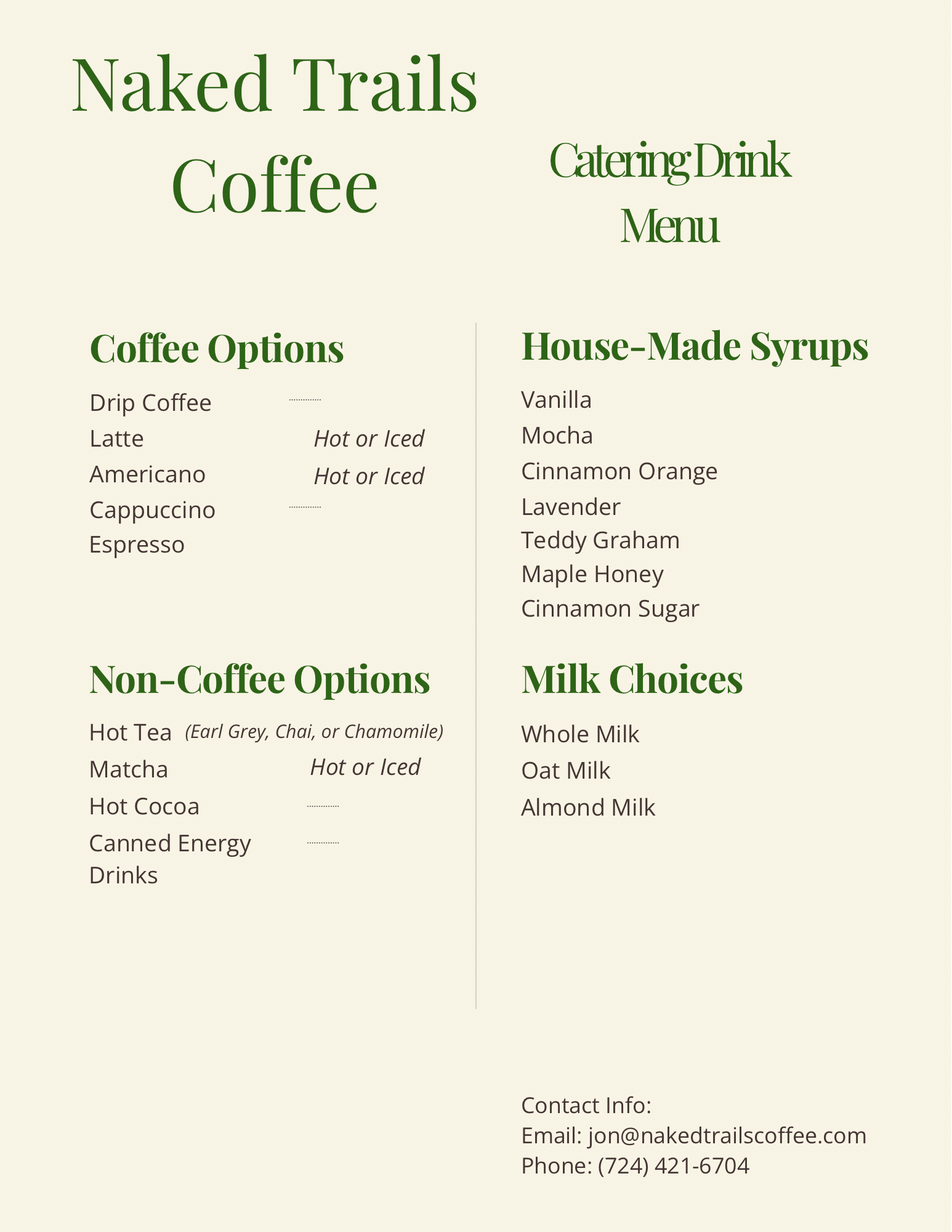 Naked Trails Catering Drink Menu